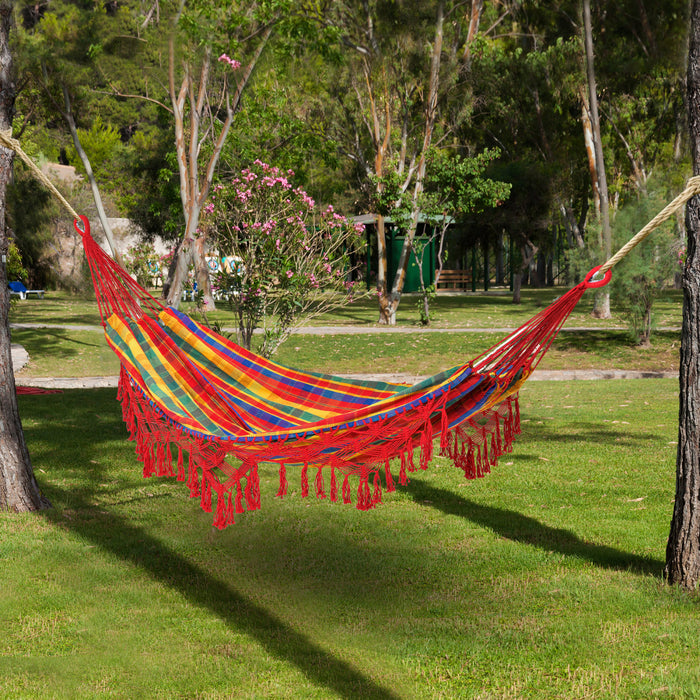 Hamac De Style Bresilien Outsunny Lit De Camping Suspendu En Coton Extra Large Avec Sac De Transport, Pour Terrasse, Arriere-cour, Bord De Piscine, Rayures Arc-en-ciel