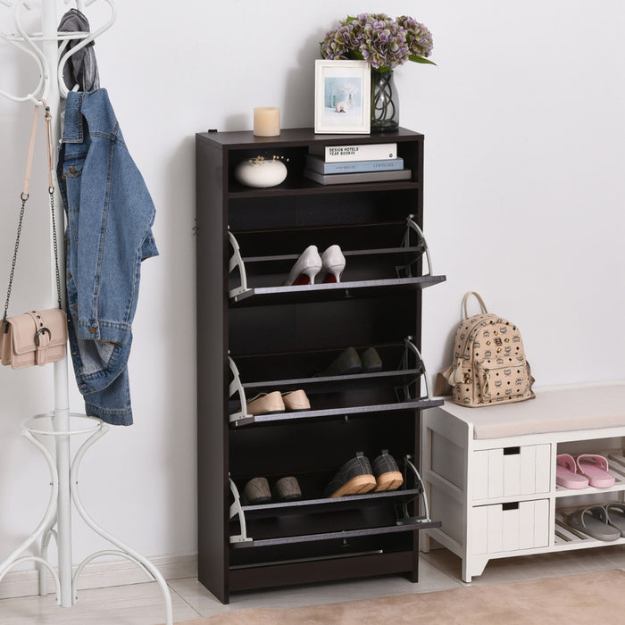 HOMCOM Armoire a Chaussures Etroite avec 3 Portes Battantes et Etagere Ouverte, Cafe