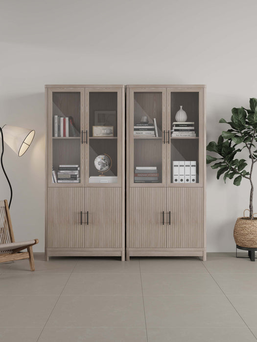Armoire bibliotheque Jodie style mi-siecle moderne 79 cm en chene blanchi (6 etageres) – Lot de 2
