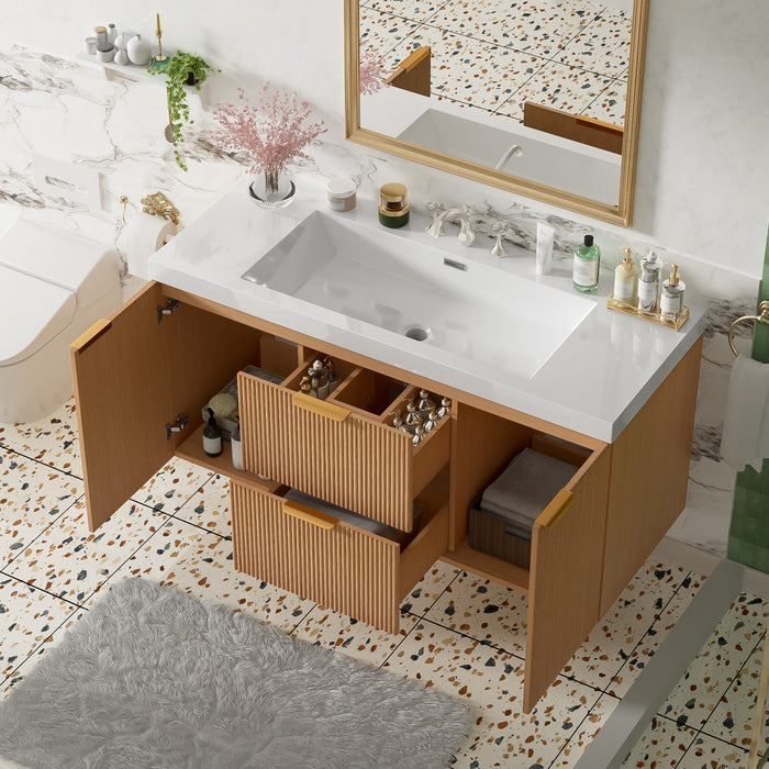 Ethan meuble de salle de bain mural avec vasque integree et rangement, bois