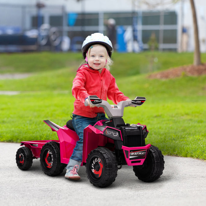 Aosom Quad 6 V Pour Enfants, Vehicule Electrique Alimente Par Batterie A 4 Roues Avec Remorque Arriere, Roues Resistantes A L'usure, Pour Garcons Et Filles – Rose