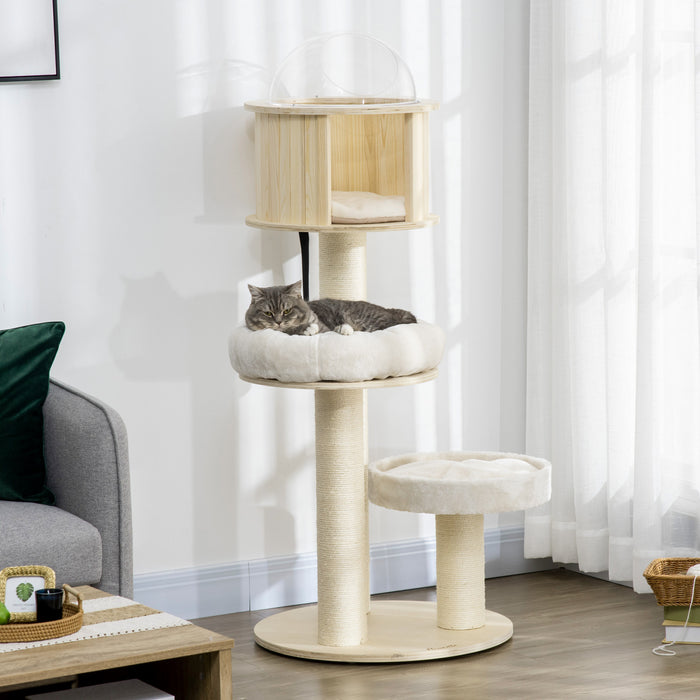 Pawhut 55 Cat Tree Kitty Centre D'activites Chat En Bois Escalade Jouet Pour Animaux De Compagnie Meubles Avec Chat Condo Coussins De Lit Sisal Griffoir, Naturel