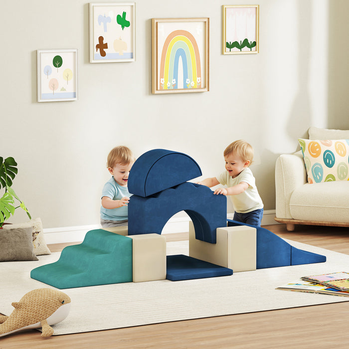 Qaba Ensemble De Jeux Pour Bebe 7 Pieces, Blocs D'escalade En Mousse, Bleu