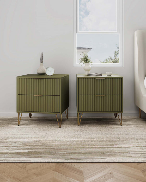Table de nuit moderne Dumbo 20\" a cannelures, vert olive (2 tiroirs) – Lot de 2