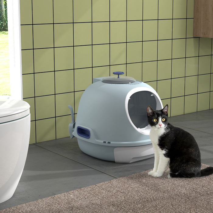 Pawhut Bac A Litiere Couvert, Bac A Litiere Avec Couvercle, Tiroir Ferme Et Lucarne Pour Chats, Facile A Nettoyer, Bleu