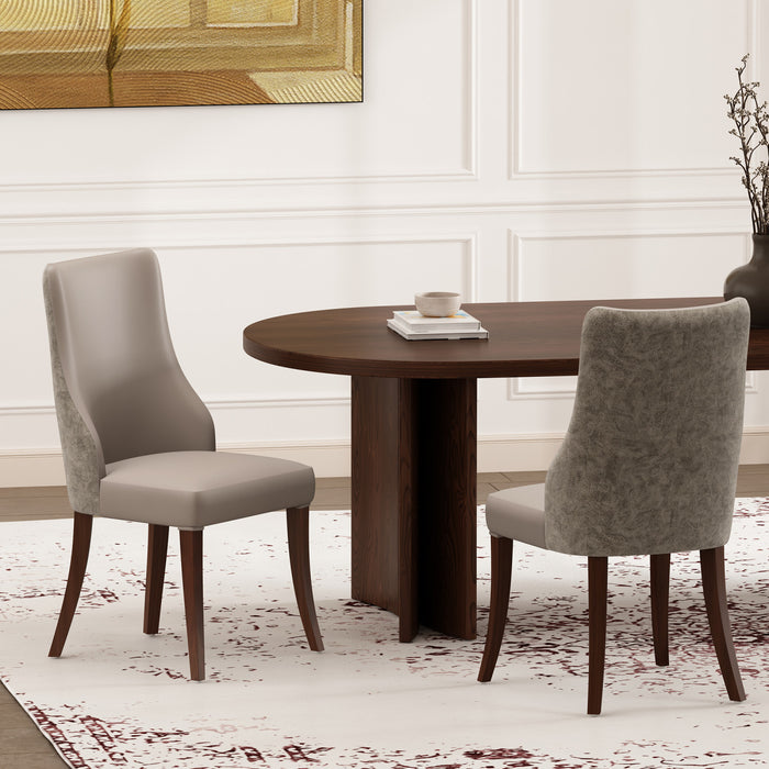 Chaise de salle a manger moderne Connie en bois, cuir vegetalien et velours taupe - Lot de 2