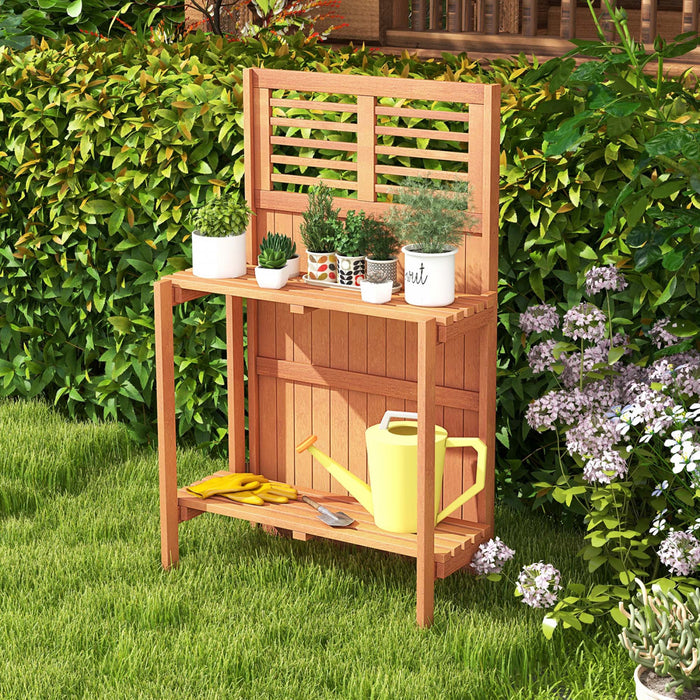 Table De Jardin Etanche En Bois Costway Avec Etagere De Stockage Ouverte A 2 Niveaux