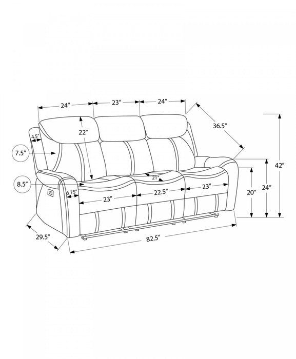 Sofa 3 Places Inclinable Electrique, 83\"L, Port Usb Inclus, Aspect Cuir Brun