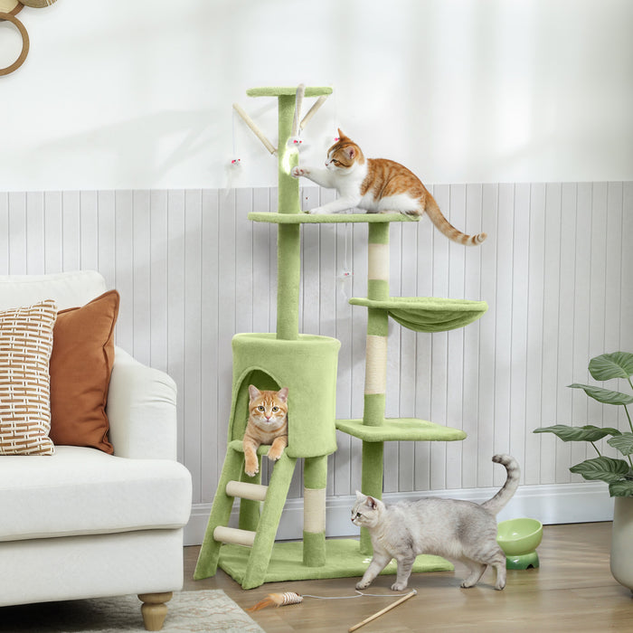 Arbre a chat PawHut, tour de 135 cm pour chatons d'interieur avec poteaux a griffer en sisal, perchoirs moelleux, niche, hamac, echelle, jouets suspendus, centre d'activites multiniveaux pour chatons, vert