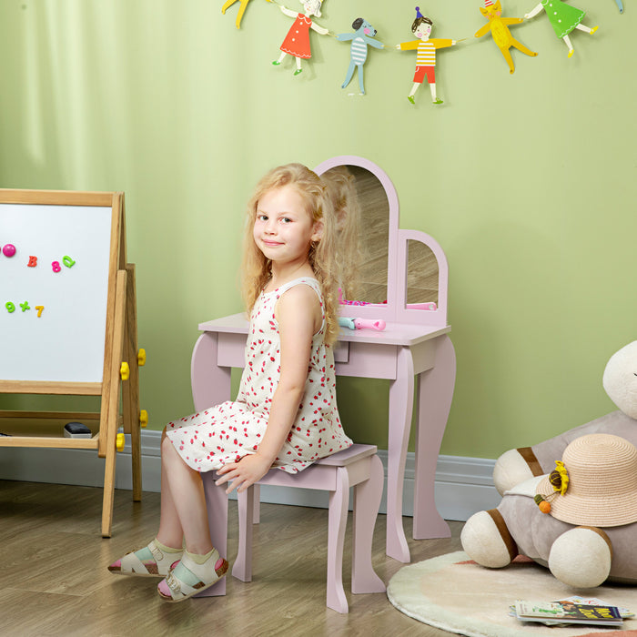 Qaba Ensemble Table De Maquillage, Coiffeuse Pour Filles, Bureau De Maquillage Avec Tiroir Pour Enfants De 3 A 6 Ans, Rose