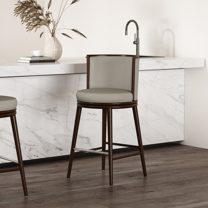 Tabouret de bar moderne en bois avec revetement en tissu couleur pierre Evalyn