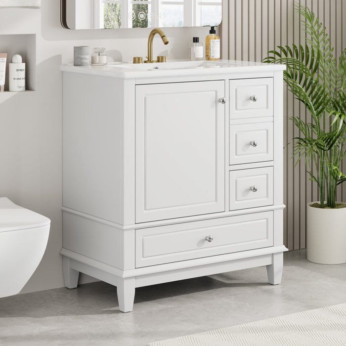 Emma Meuble-lavabo en bois massif de 30\" avec vasque en ceramique et porte a fermeture douce, Blanc