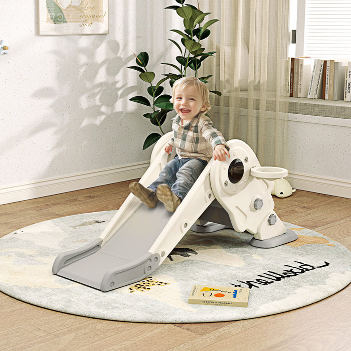 Qaba Toboggan 3 En 1 Pour Tout-petits, Toboggan Pliable Pour Enfants Avec Panier De Basket, Equipement D'activite Pour Enfants Sur Le Theme De L'espace Pour 2 A 5 Ans, Blanc Creme