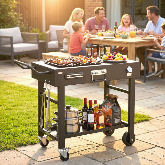 Outsunny Chariot de BBQ, Table Pliable avec Support Magnetique pour Couteaux, Noir