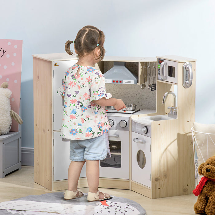 Qaba Cuisine En Bois Avec Sons Et Lumieres, Coin Cuisine Pour Enfants Avec Telephone, Machine A Glacons, Micro-ondes, Hotte, Refrigerateur, Ustensiles, Cadeau Pour Les 3-6 Ans, Blanc.