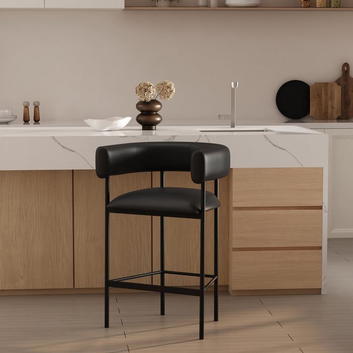 Tabouret de comptoir contemporain Onda en cuir vegetalien et metal, coloris noir