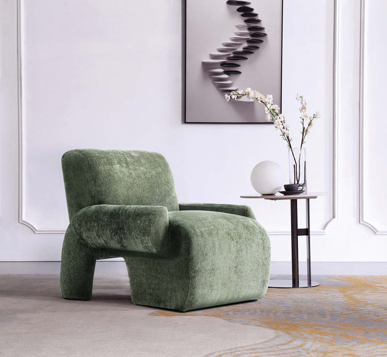Fauteuil lounge en chenille vert olive Verandah style mid-century modern