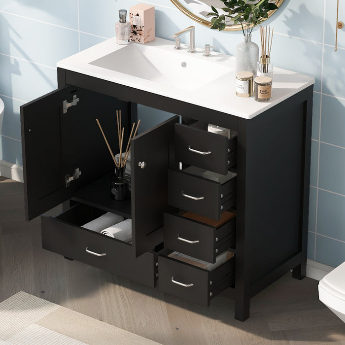 Meuble de salle de bain moderne Derek 36 pouces avec lavabo ceramique et rangement multiple, noir