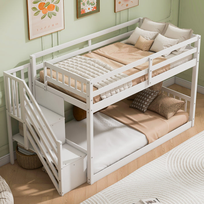 Lit superpose Liam au sol avec echelle et rangement, simple sur simple, blanc