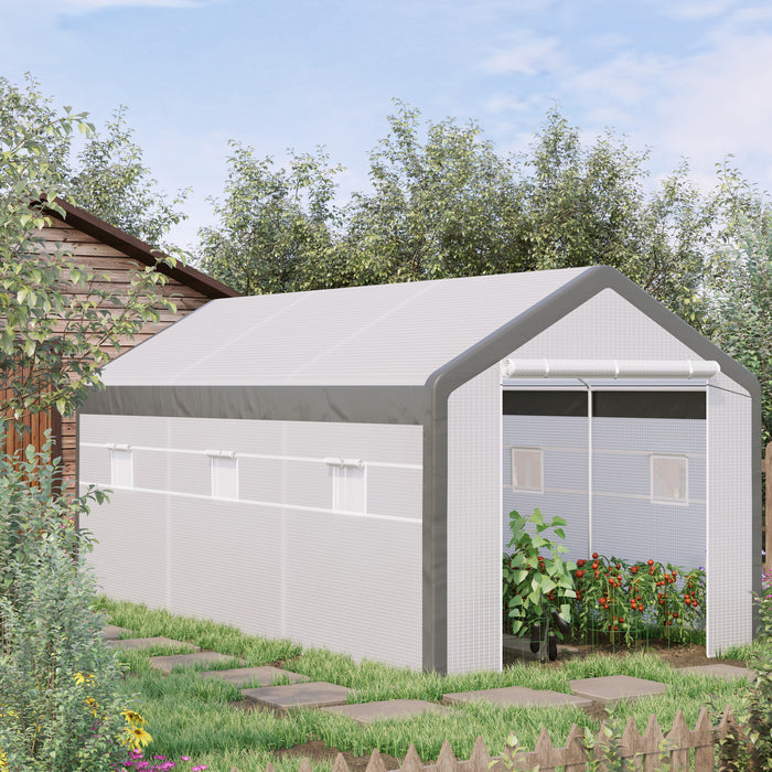 Outsunny Serre De Jardin Tunnel Surface Sol 18 MĠ 6l X 3l X 2,8h M Chassis Tubulaire Renforce Acier 2 Portes + 6 Fenetres Enroulables Pe Polyester Blanc Gris