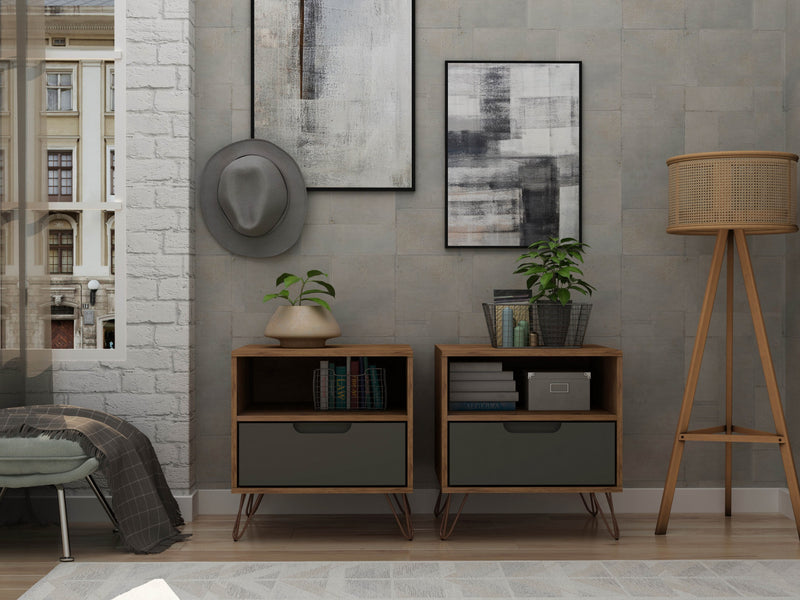 Table de nuit Rockefeller Mid-Century Modern 20\" en gris (1 tiroir) - Lot de 2
