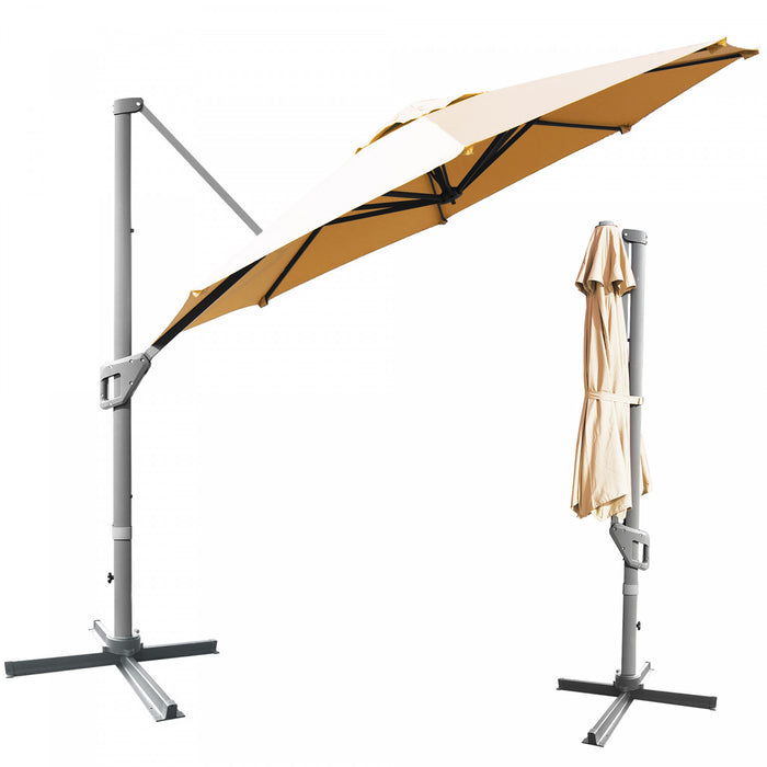 Costway Parasol deporte 11ft pour terrasse a rotation cantilever, aluminium, inclinable, base croisee, beige