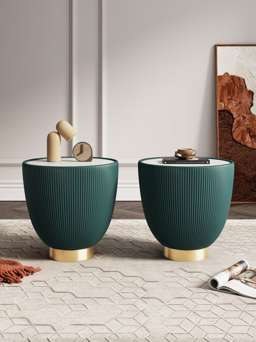 Table d’appoint Anderson moderne avec plateau en pierre frittee et revetement en tissu, vert – Lot de 2