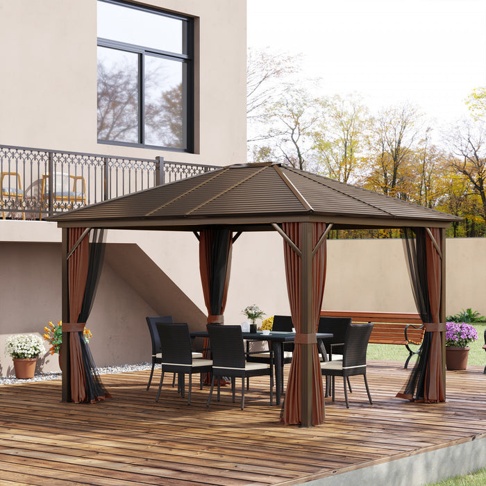 Outsunny 12x10pi Patio De Luxe A Toit Rigide En Acier, Tonnelle Jardin Abri Soleil Cadre Aluminium Robuste Pavillon Exterieur Avec Rideaux Et Filet, Marron