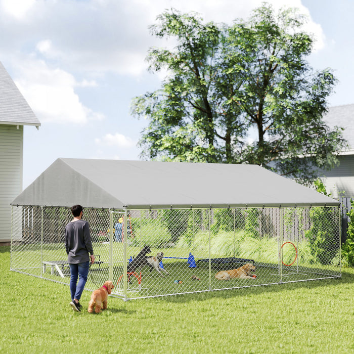 PawHut Chenil Exterieur pour Chien avec Toit Impermeable et Resistant aux UV, Enclos en Acier Galvanise Robuste avec Verrou de Securite, pour Jardin, 19.7' x 19.7' x 8.9'