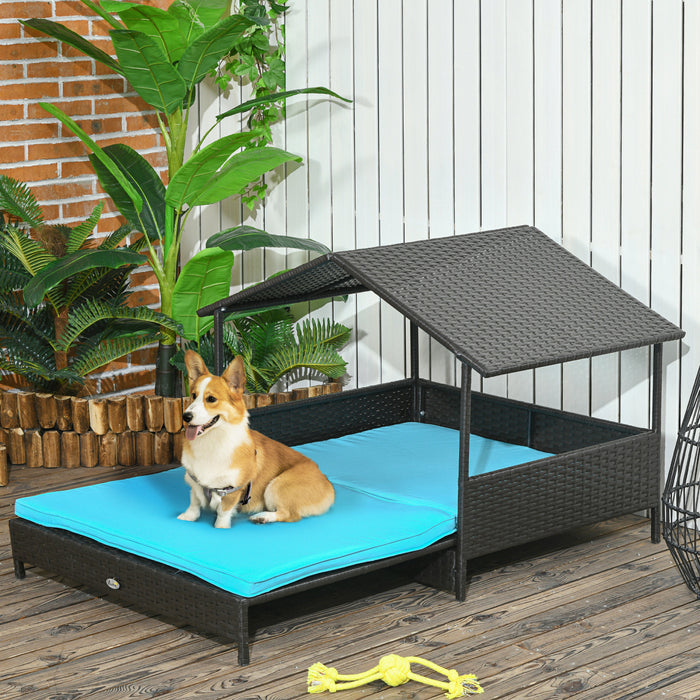 Pawhut Niche Pour Chien En Rotin Extensible Pour Exterieur Et Interieur Avec Toit, Lit Sureleve En Osier Avec Coussin Doux Et Housse Lavable, Pour Chiens De Petite Et Moyenne Taille, Bleu