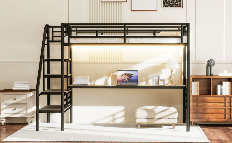 Cherry – Lit Mezzanine Simple En Metal, Design Compact Avec Bureau Et Eclairage Del – Noir