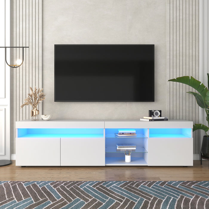 James 70.8\" Cabinet TV Moderne avec Eclairage LED USB et Facade Haute Brillance, Blanc