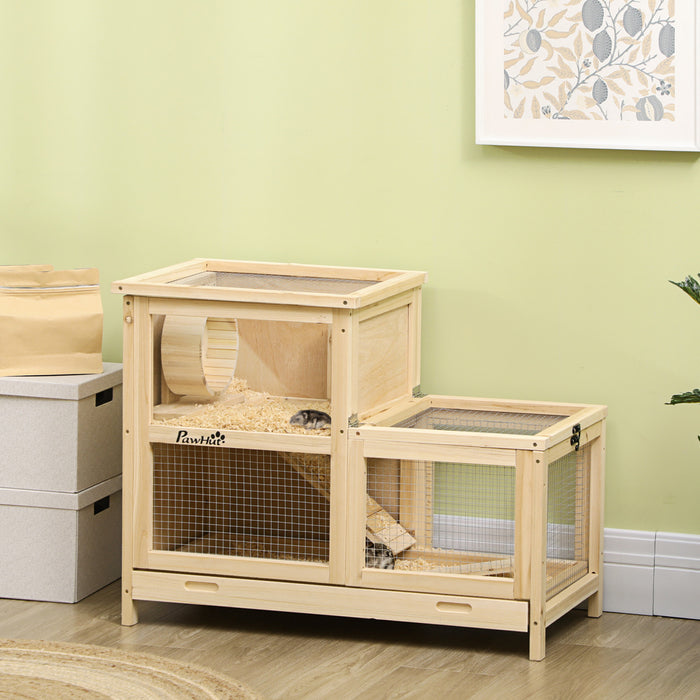 Pawhut Cage A Hamster En Bois, Huche Pour Souris Et Rongeurs, Maison D'exercice A 2 Niveaux, Avec Plateau Coulissant, Echelle, Scie, Roue De Course, Toits Ouvrables, 30.75\" X 16.25\" X 23.5\"