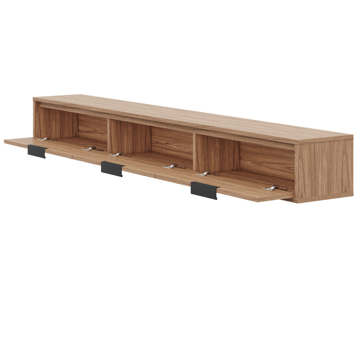 Meuble pour téléviseur mural mince Nordika de 72 po avec 3 armoires de rangement - noyer clair