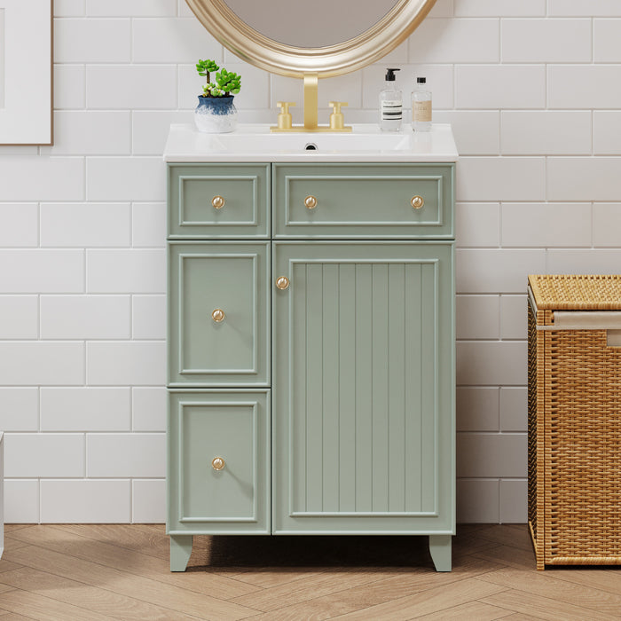 Jonas Meuble-lavabo De Salle De Bain 24\" En Bois Massif Avec Tiroirs Et Porte De Rangement - Vert