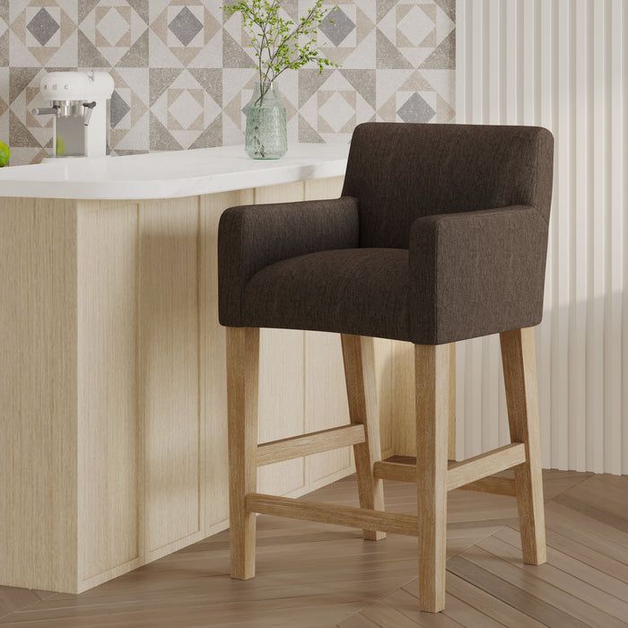 Tabouret De Comptoir Gabrielle Hauteur D’assise 66 cm – Tissu Rembourre Et Pieds En Bois Massif, Brun