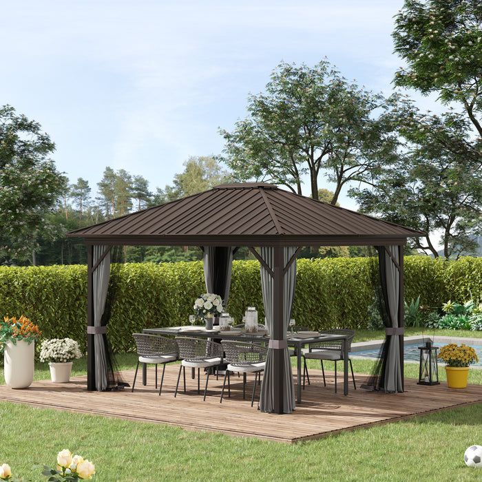 Outsunny 10 'x 12' Tonnelle D'exterieur A Toit Rigide En Metal Avec Cadre En Aluminium, Filets En Maille, Rideaux Et Espace Interieur Spacieux, Gris