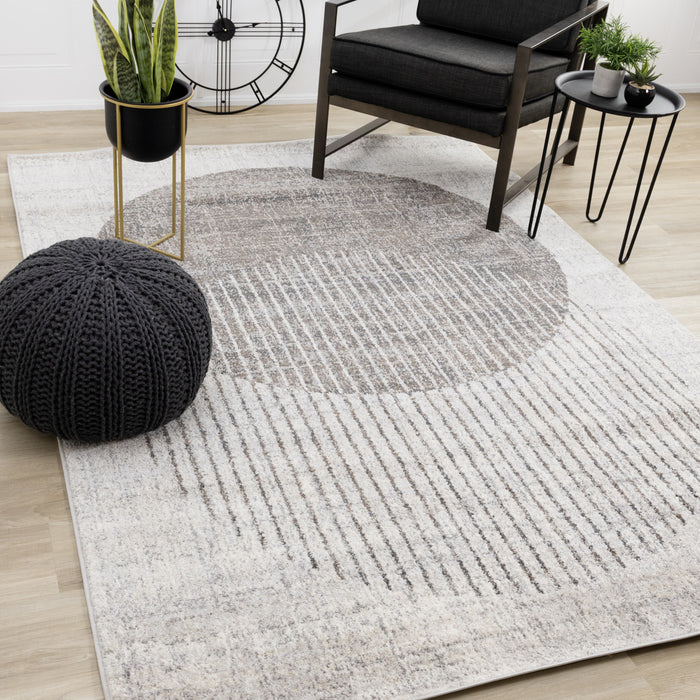 Carpette à poil court doux Solace grise et blanche à motif de cercles qui fusionnent - 6 pi 7 po x 9 pi 6 po