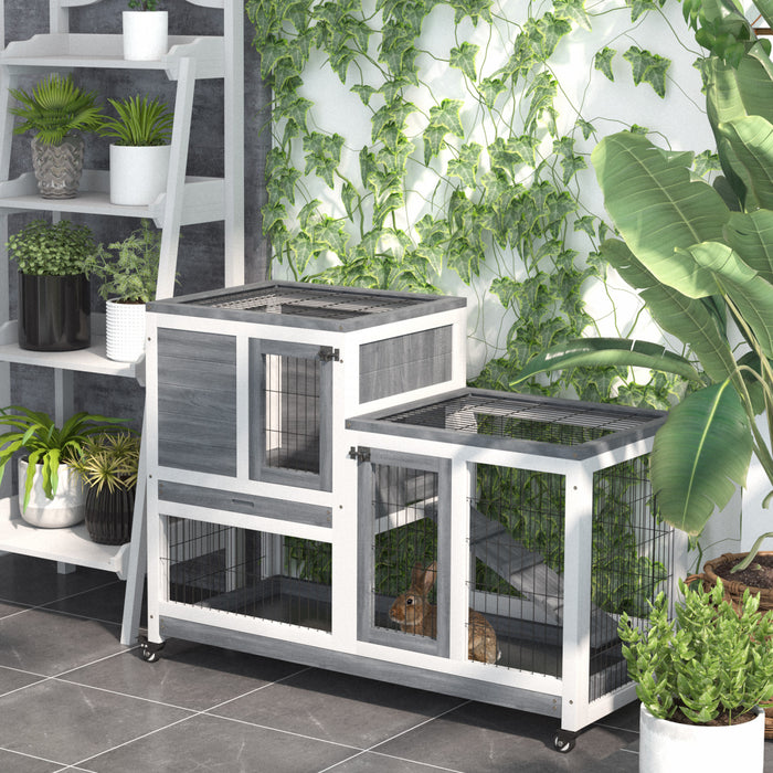 Pawhut Clapier D'interieur En Bois Pour Lapin Avec Cage Surelevee Avec Enclos Ferme Avec Roues, Ideal Pour Lapins Et Cochons D'inde, Gris Et Blanc