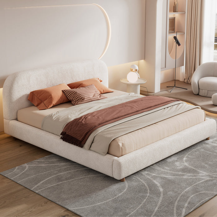 Lit plateforme Laurel avec coffre de rangement a levage hydraulique, tapisserie bouclee et espace de rangement cache sous le lit, taille Queen, blanc