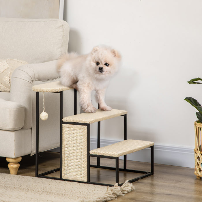 Pawhut 20\" Escalier Pour Animaux 3 Marches Pour Chat, Rampe D'echelle En Moquette, Avec Griffoir Et Boule Suspendue Pour Petits Chats, Cadre En Acier, Blanc Creme