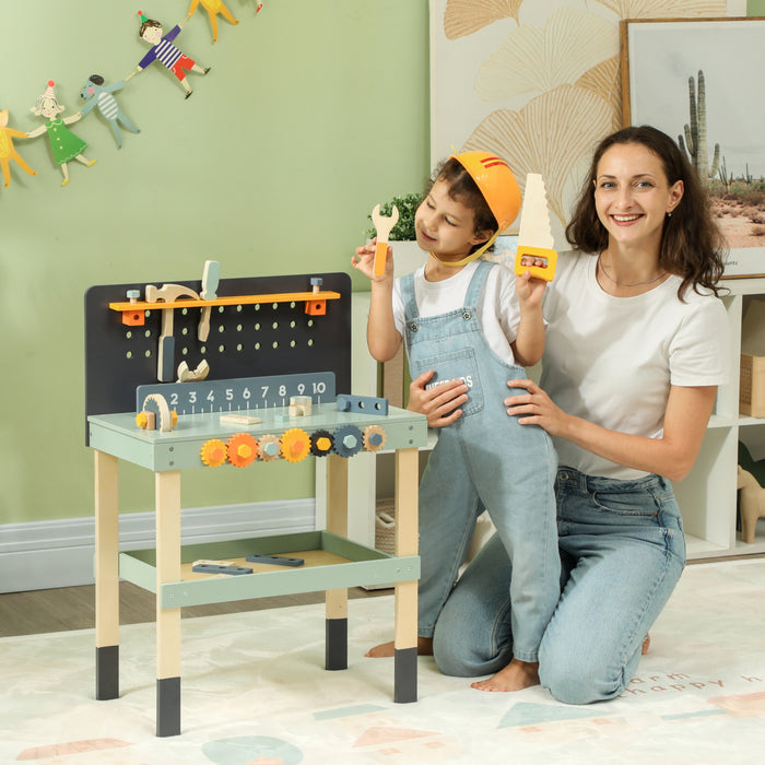 Qaba Etabli Pour Enfants, Ensemble D'outils Pour Enfants, Banc A Outils De 49 Pieces, Jeu De Simulation Atelier De Construction, Jouets Educatifs, Cadeau Pour 3 A 6 Ans, Bleu Clair