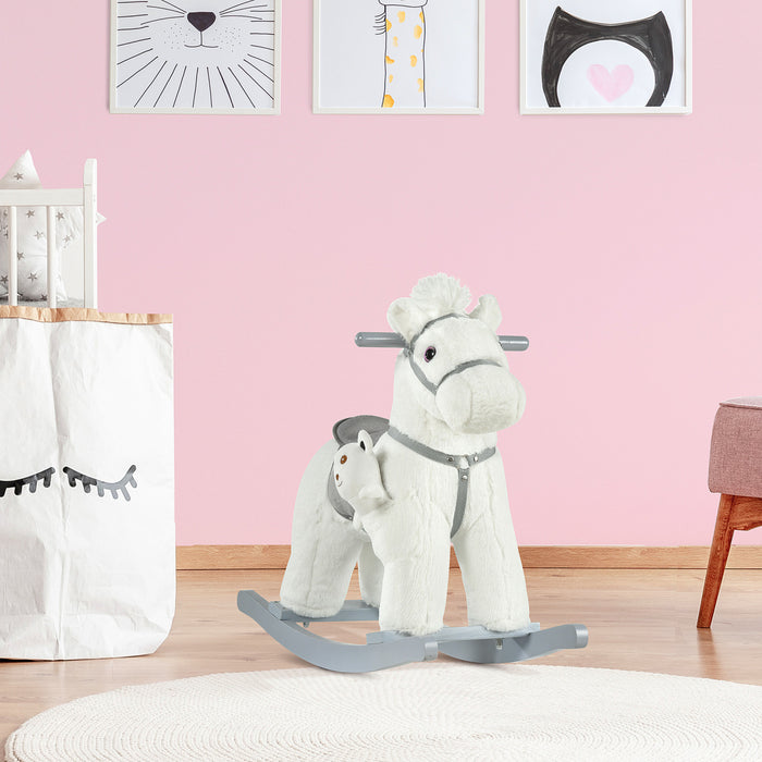 Qaba Kids Cheval A Bascule En Peluche Avec Ours, Chaise Pour Enfants Avec Peluche Douce Et Sons Realistes Amusants, Blanc