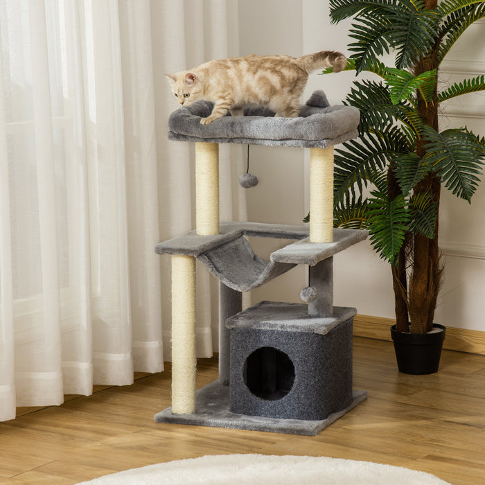 Pawhut Arbre A Chat Arbre A Grimper Griffoir Pour Chat Plusieurs Niveaux Avec Poteau A Gratter Hamac 2 Balles Suspendues Hauteur 39.25\" Gris