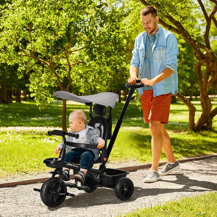 Qaba Tricycle Enfants Evolutif 4 En 1 Canne Telescopique Amovible Et Pare-soleil Pliable Demontable Angle Du Dossier Reglable Siege Pivotant Sac Et Paniers Integres Metal 44\" X 20.5\" X 38.5\" Gris
