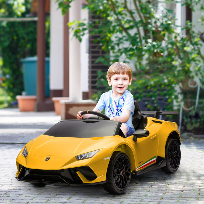 Qaba Voiture Electrique 12v Pour Enfants, Lamborghini Huracan Sous Licence, Voiture Pour Enfants Avec Telecommande, Suspension A Ressort, Lumiere Led Musique, Pour 3 A 6 Ans, Jaune