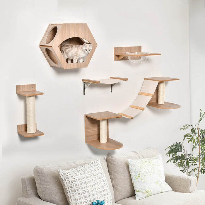 Pawhut Ensemble D'etageres Pour Chats 5 Pieces Echelle Escalier Escalade Chats Mural Avec 2 Hamacs Griffoir Plate-forme De Saut Et Niche Multicentres D'activite