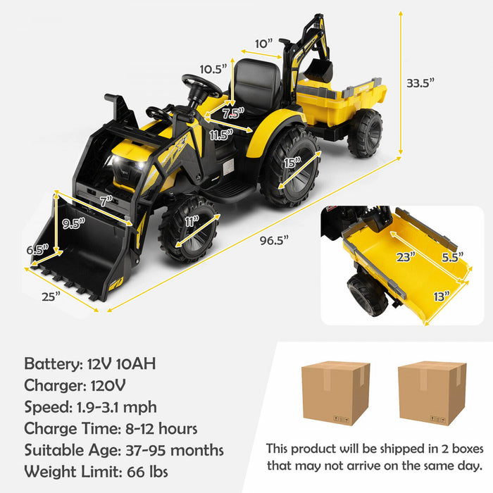 3-en-1 Enfants Montent Sur Bulldozer D'excavateur 12v Tracteur Electrique A Distance W / Remorque Jaune