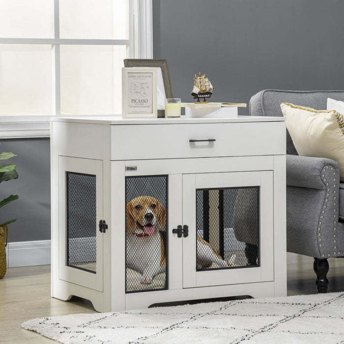 Pawhut Cage Pour Chien Avec Coussin, 2 Portes, Table D'appoint Avec Rangement, Cage D'interieur Pour Chiens De Petite Et Moyenne Taille, Blanc