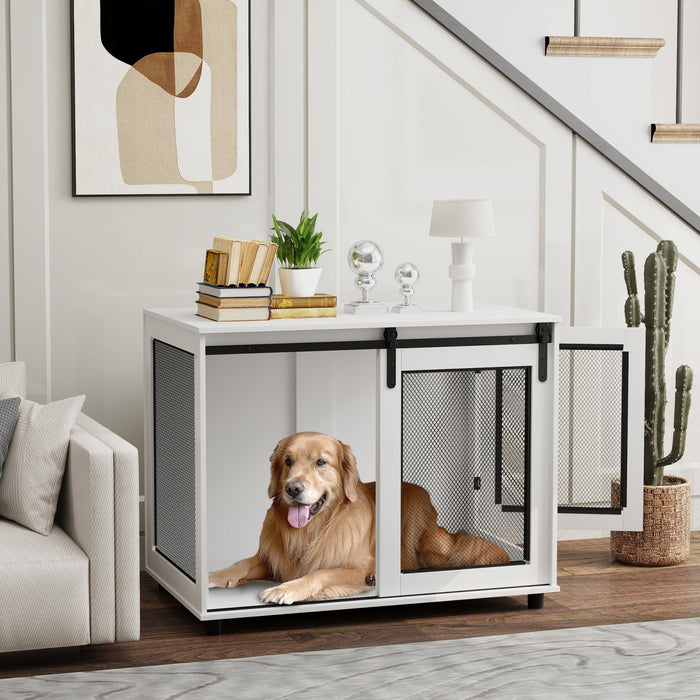 Pawhut Meuble Pour Cage De Chien, 39\" Table D'extremite De Niche Pour Chien Avec Porte Coulissante, Cage De Style Meuble Pour Grands Chiens, Blanc